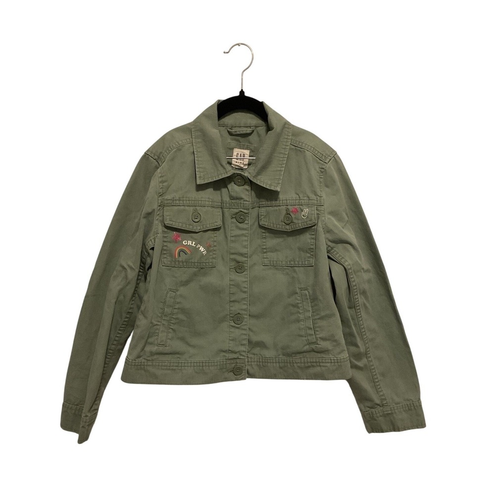 Gap‎ Kids Girls Olive Green Utility Field Jacket GRL PWR Rainbow Stars Size L